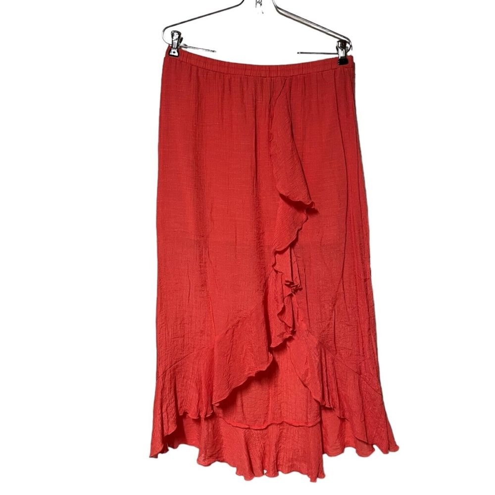 BCX gauzy ruffle midi skirt women's Large coral pink split high low flounced hem